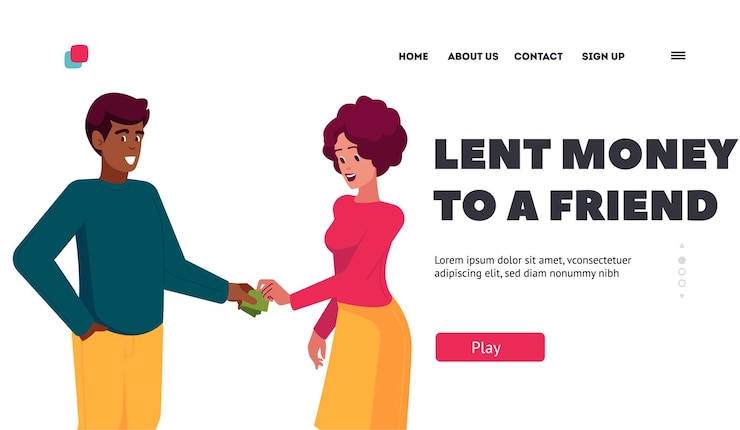 Vector lent money to a friend landing page template financial help gift concept man giving banknotes to woman