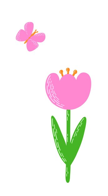 Vector lente ansichtkaart platte vectorillustratie met vlinder en bloem in roze en groene kleuren