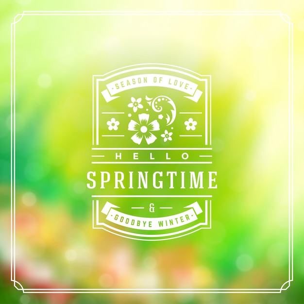 Lente badge vector typografisch ontwerp wenskaart lente wazig lichten achtergrond en bloemen Eps 10