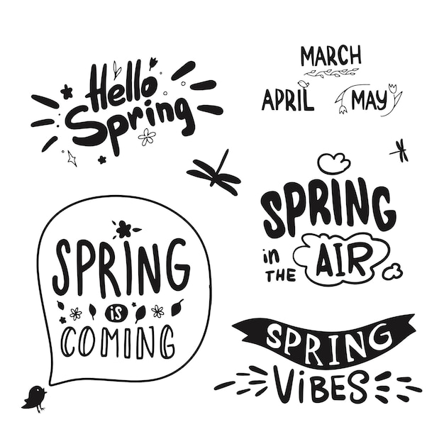 Lente belettering. kalligrafie hallo lente, lente monthses. de lente komt eraan.