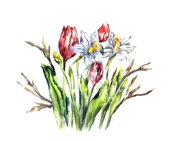 Lente bloemen boeket compositie Moederdag Valentijnsdag waterverf kaart narcissus tulp
