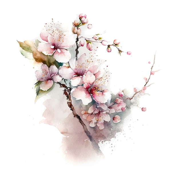 Lente bloemen kersenbloesem en vallende bloemblaadjes backgroundwatercolor illustratie