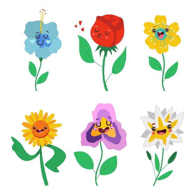 Lente bloemen tekens met schattige emoties cartoon set geïsoleerd op een witte achtergrond.