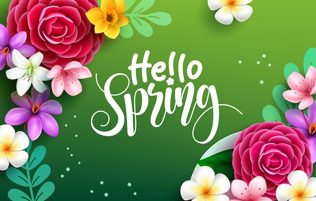 Lente bloemen vector achtergrondontwerp Hallo lente begroeting in groene ruimte met camellia