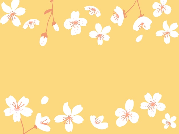 Vector lente bloesem horizontale banner appel en perzik boom bloemen kaart vectorillustratie gele achtergrond met bloemen border