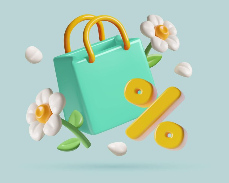 Vector lente- en zomerverkoop 3d-vectoricone met winkelzak bloemen en procentteken