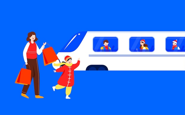 Vector lente festival vervoer gezinswoning voor het nieuwe jaar illustratie winter sneeuw station bus