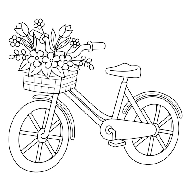 Lente fiets met bloemen geïsoleerde kleurplaat