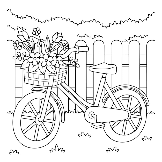 Lente fiets met bloemen kleurplaat pagina voor kinderen