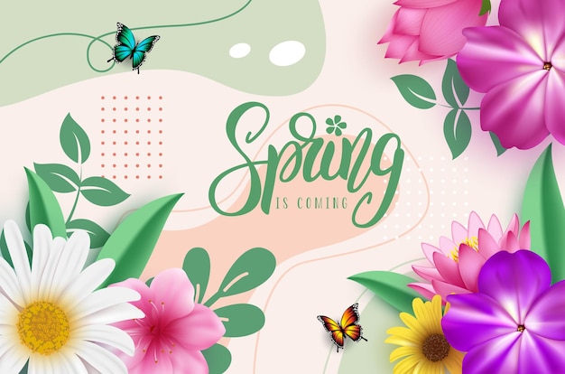 Lente groet vector tekstontwerp De lente komt wenskaart met bloeiende prachtige bloemen