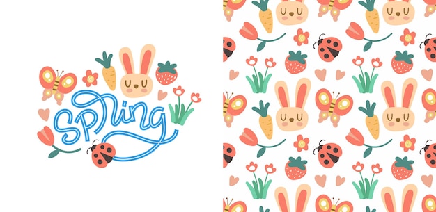 Lente hand belettering en naadloze patroon