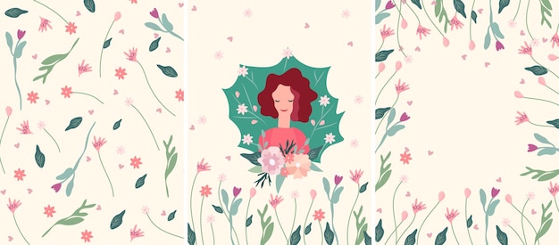 Lente-illustraties met een schattige dame en een boeket bloemen in haar handen en wilde bloemen eromheen