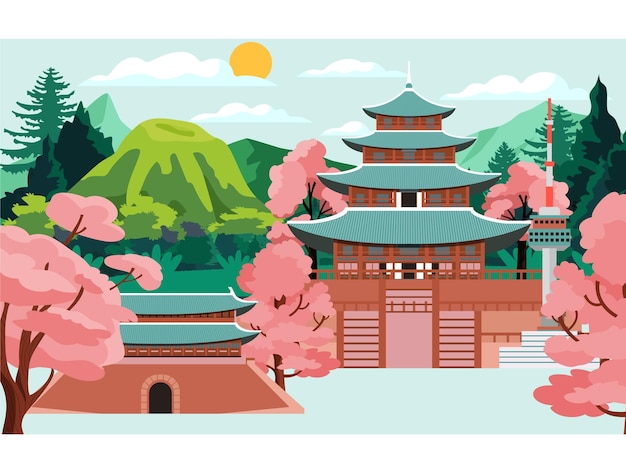 Lente in Korea Een schilderachtige illustratie van traditionele architectuur te midden van kersenbloesems