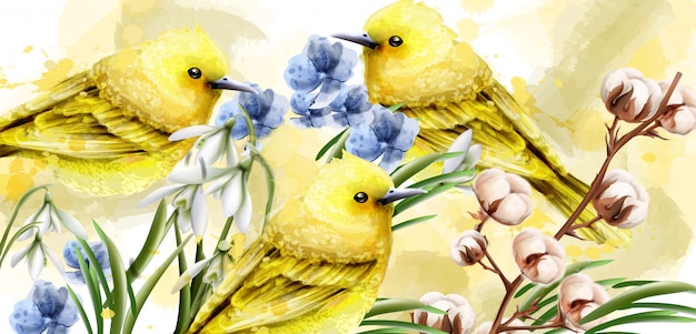 Lente kaart aquarel met vogels