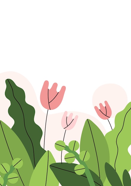 Lente kaartontwerp met wilde bloemen en bladrand. Romantische bloemenachtergrond met delicate zachte tuinbloei in moderne stijl. Verticale ansichtkaart. Platte vectorillustratie geïsoleerd op wit.