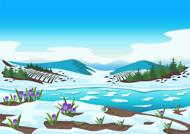 Lente landschap met rivier bergen bosvelden smeltende sneeuw en krokus