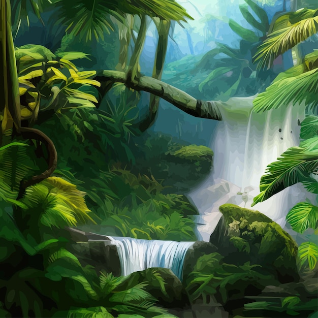 Lente landschap met waterval in tropisch bos vector illustratie rivieren bomen met groen