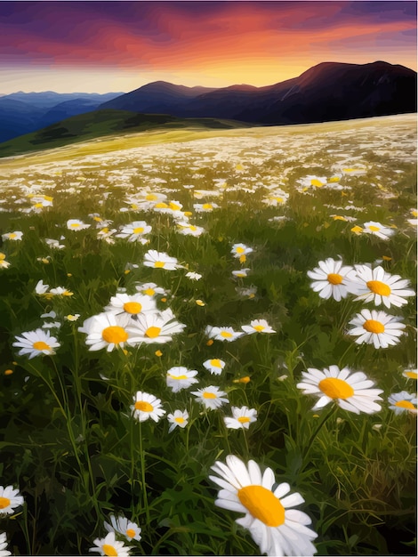 Lente landschap papaverveld op de achtergrond bergen met zonsondergang hemel dieren in het wild vector illustratie