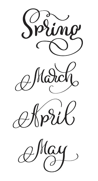Vector lente maanden maart april mei woorden op witte achtergrond. hand getekend vintage kalligrafie belettering