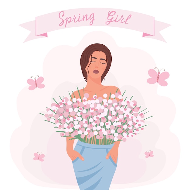 Lente meisje met bloemen met de hand getekende illustratie