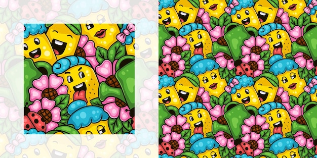 Lente naadloos doodle patroon van kinderen en ouders die genieten van een bloementuin