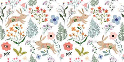 Vector lente naadloos patroon met bloemdessin en schattige konijntjes, verschillende bloemen en planten