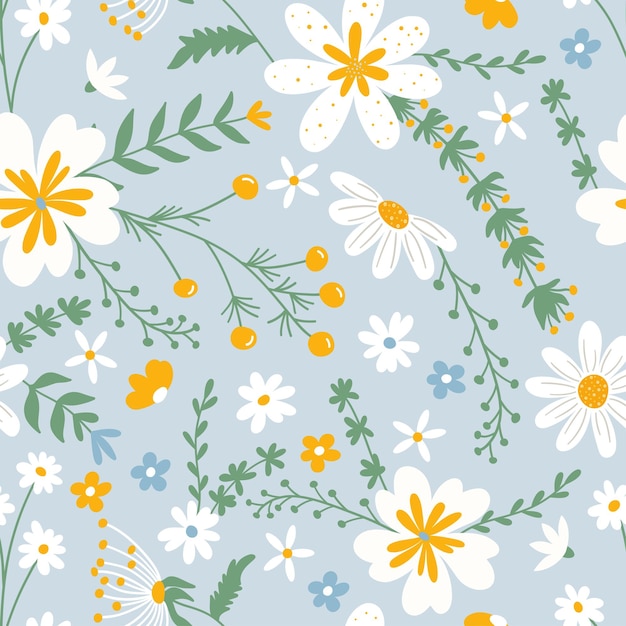 lente naadloze patroon op blauwe achtergrond witte bloemen