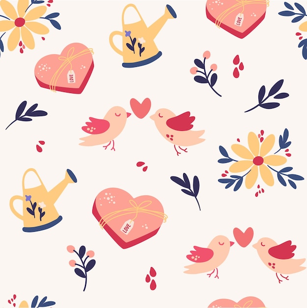 Lente naadloze patroon Romantische achtergrond met vogels bloemen gieter en snoep Perfect voor Valentijnsdag print ansichtkaarten behang Vector cartoon afbeelding