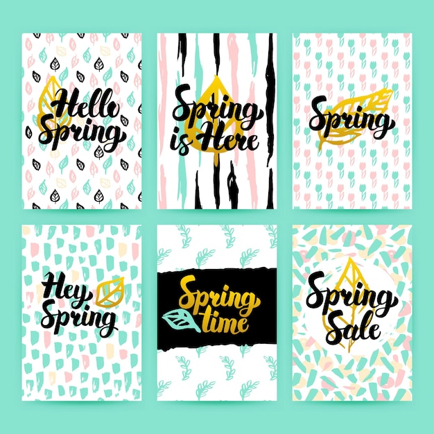 Lente natuur trendy posters. Vectorillustratie van 80s stijl briefkaart ontwerp met handgeschreven letters.