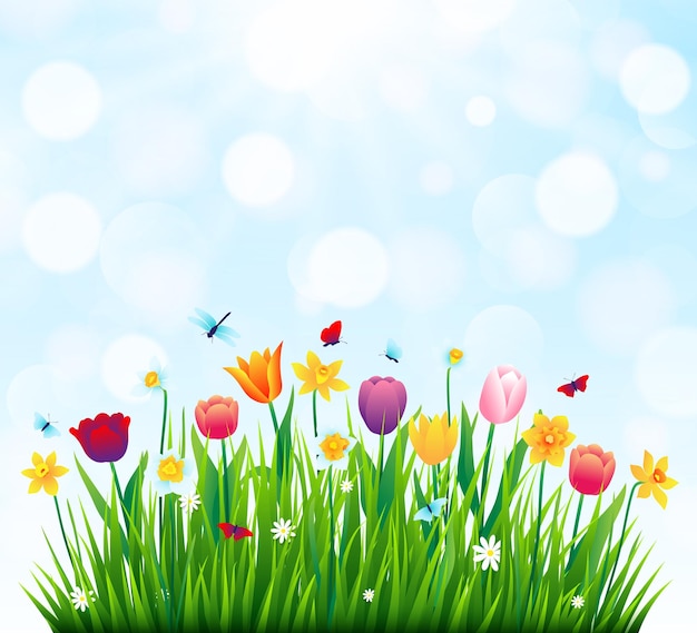 Lente natuurlandschap met kleurrijke bloemen groen gras en blauwe lucht Vector illustratie