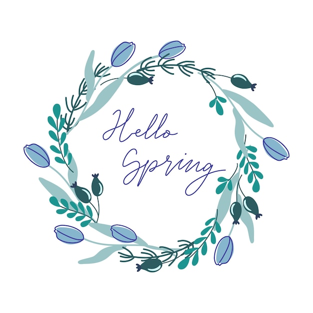 Lente plantenkrans en belettering Hallo lente. Vectorafdruk met handgeschreven tekst.