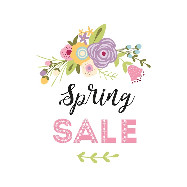 Lente sale banner met groen blad hand getekend roze bloemen boeket vector speciale aanbieding ontwerp