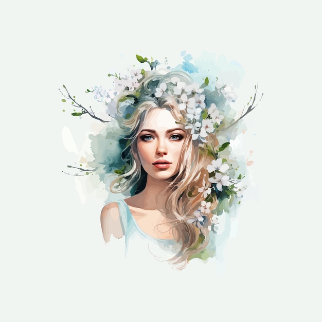 Lente Schoonheid met Bloem haar Aquarel Kunst Vector illustratie ontwerp