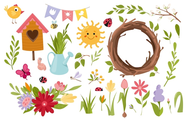 Lente set lente schattig lente bloemboeket vectorillustratie