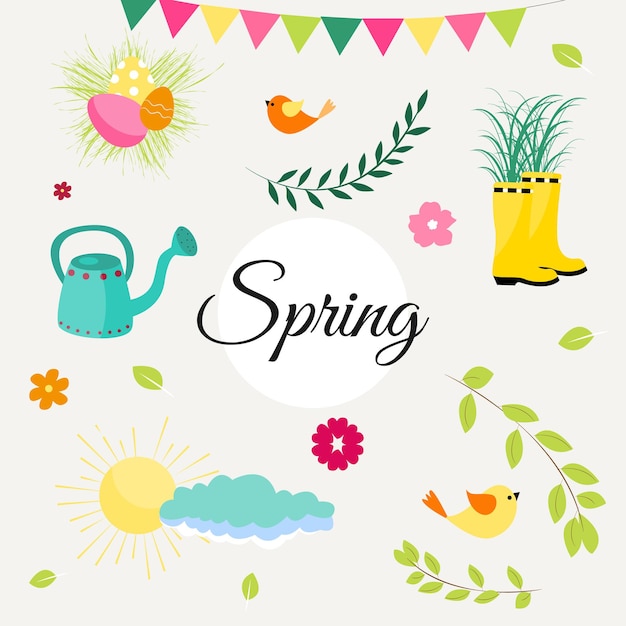 Vector lente set van schattige vogels, bloemen en decoraties. poster, kaart, scrapbooking, stickerkit. hand getekende vector illustratie.