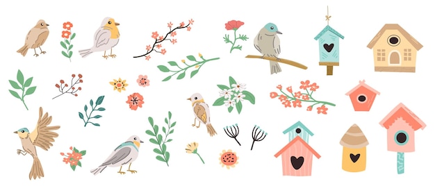 Vector lente set van vogel en bloemen vogelhuizen voor ontwerp vector illustratie in platte stijl lente