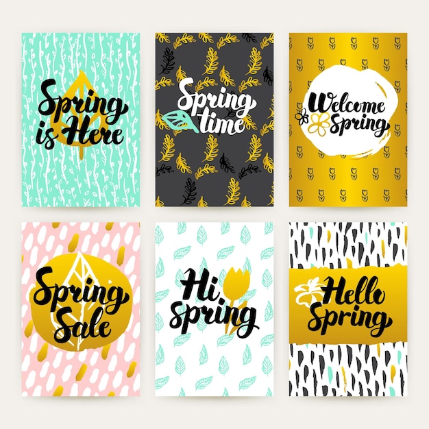 Lente tijd trendy brochures. Vectorillustratie van 80s stijl posterontwerp met handgeschreven letters.