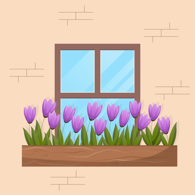 Lente venster met paarse bloemen Zonnige dag warm weer Vector illustratie cartoon design