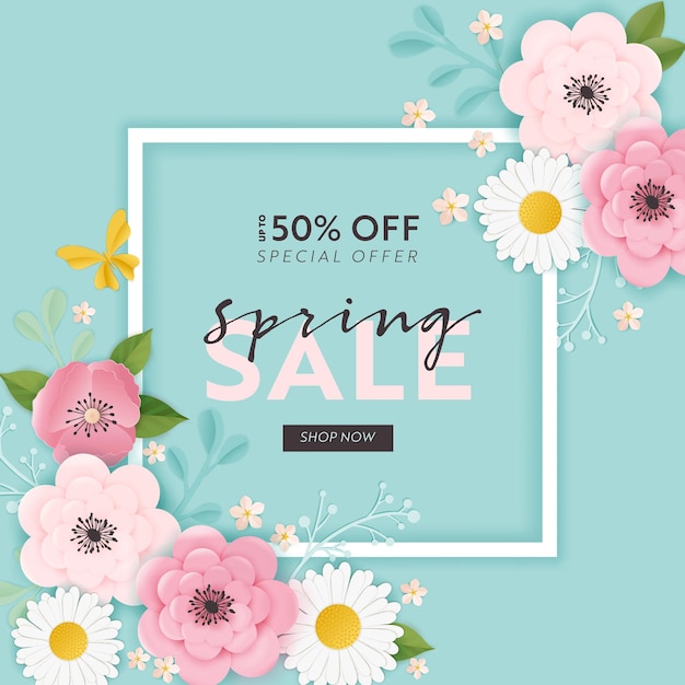 Lente verkoop banner achtergrond met papier snijbloemen en florale elementen. lente kortingsbon sjabloon, brochure, poster, reclamepromotie. vector illustratie