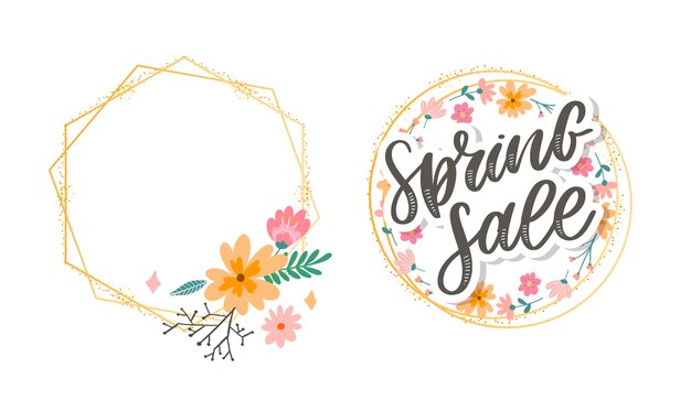 Lente verkoop belettering illustratie met frame en bloemen set