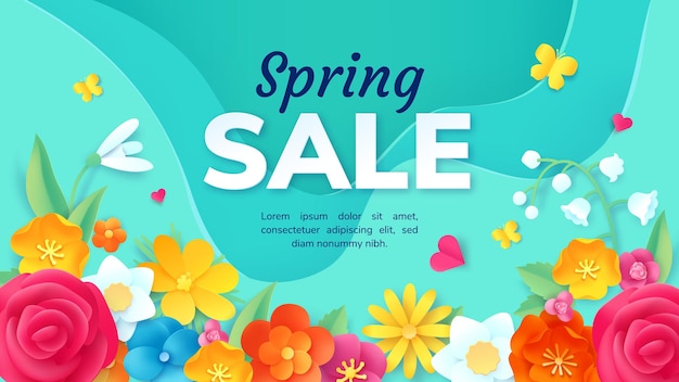 Lente verkoop promotie banner met papieren snijbloemen. poster met 3d origami bloemendecoratie. mode product korting aanbieding vector design. roos, meilelie en sneeuwklokje bloeien voor de commercie