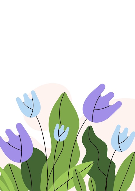 Lentebloemen en bladrand op verticaal kaartontwerp. Romantische bloemenplanten op de achtergrond met delicate zachte tuinbloei. Moderne botanische ansichtkaart. Platte vectorillustratie geïsoleerd op wit