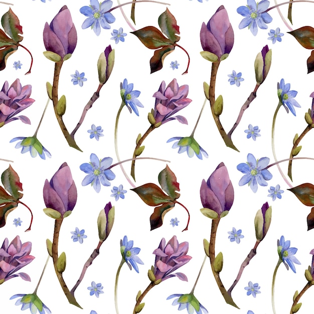 Lentebloemen mauve magnolia camelia boomknoppen blauwe hepatica forgetmenot bos anemone primrose