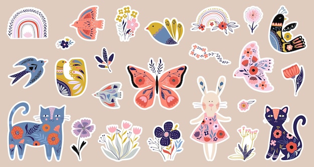 Vector lentecollectie met decoratieve stickers in volksstijl ontwerp seizoensgebonden bloemenelementen