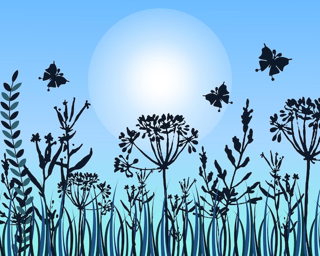 Lentelandschap, weidegrassen, bloemen, vlinders bij zonsopgang. Illustratie, poster, vector