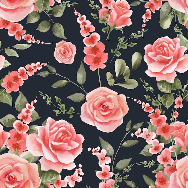 Lentepatroon met roze rozen, rode bloemen en groene bladeren aquarel bloementextuur voor stoffen