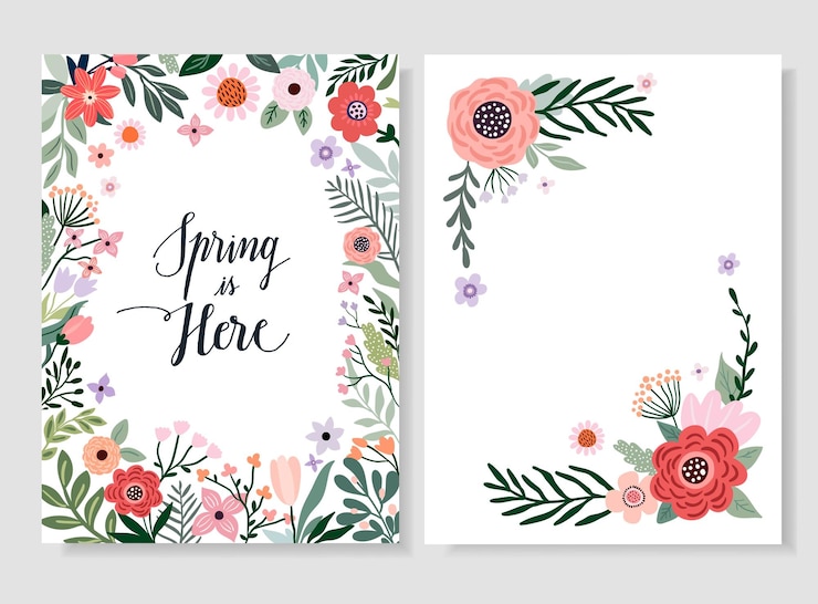 Vector lentetijd ingesteld met wenskaarten, uitnodiging, poster, bloemenframe, seizoensontwerp
