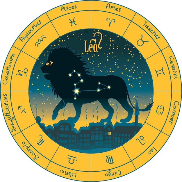 Vettore leone con i segni dello zodiaco