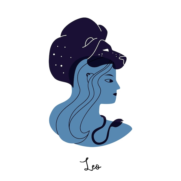 ベクトル レオの星座彼女の頭にライオンを持つ女性の青いシルエット