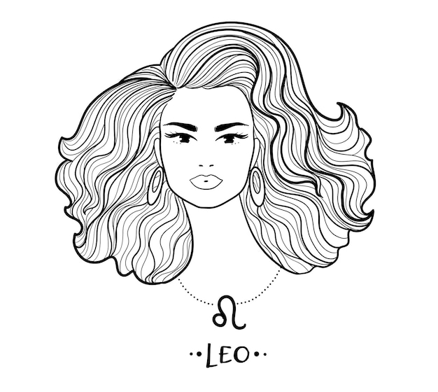 Leo zodiac sign line art female face portrait